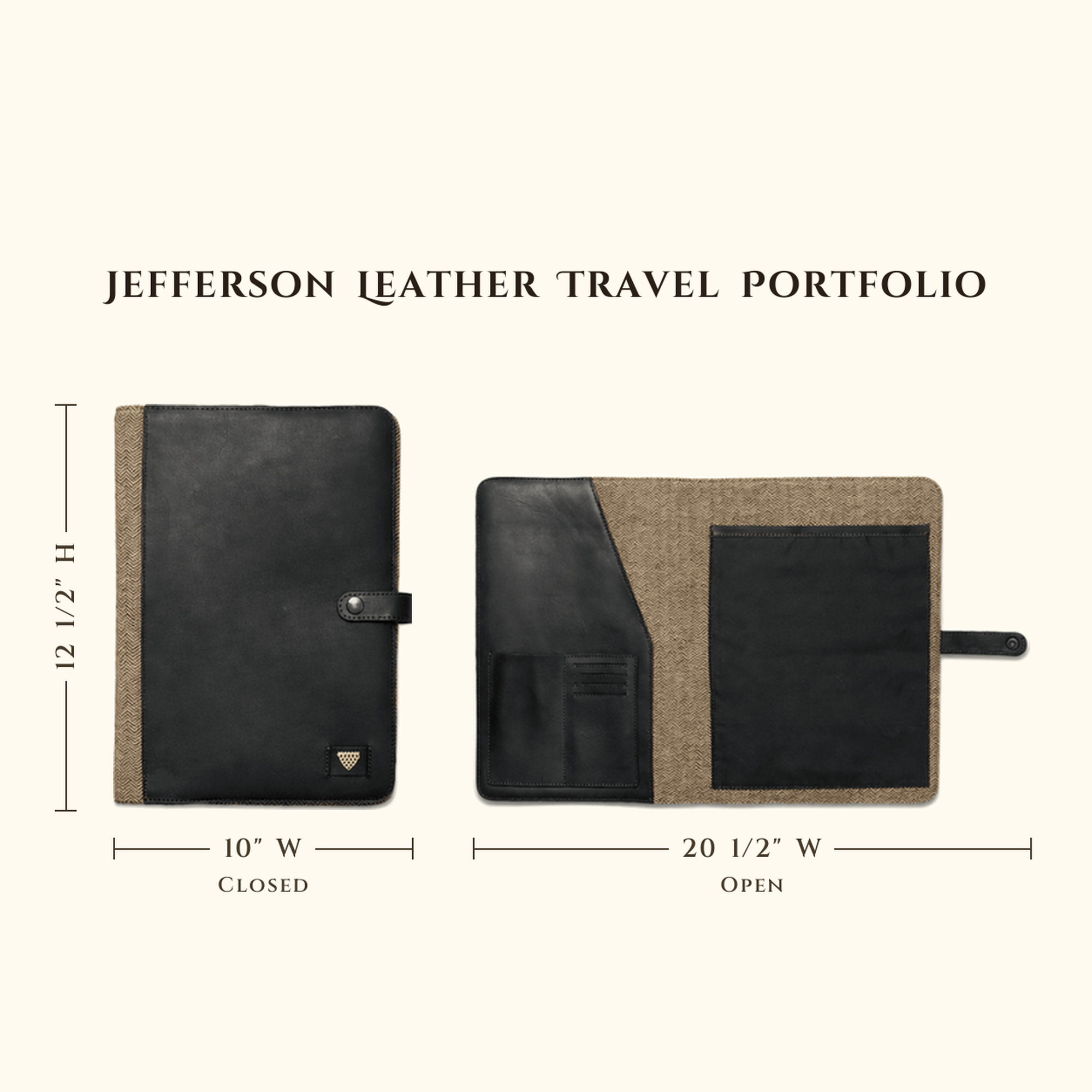 Jefferson Leather Travel Portfolio in Vintage Black size chart with closed and open dimensions.