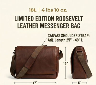 Limited Edition Roosevelt Buffalo Leather Messenger Bag dimensions: 17 inches long by 5 inches wide by 13 inches tall. Laptop sleeve 14 inches by 10 inches. Shoulder strap 49 inches extended and 25 inches shortened. Weight 4 lbs 10 oz. Fits most 15-inch laptop.