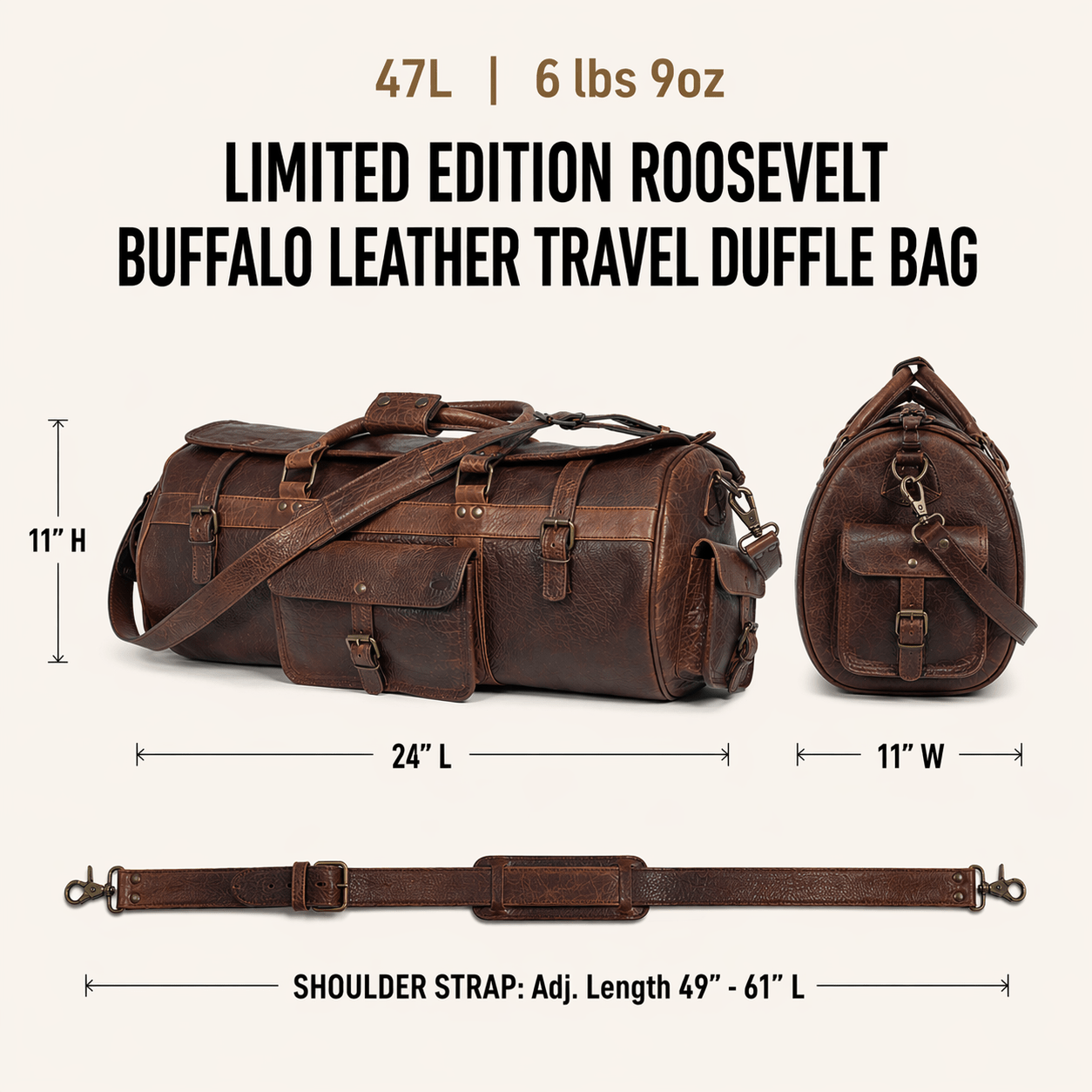 Details and Dimensions for Leather Duffle Bag