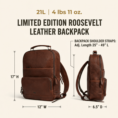 The Limited Edition Roosevelt Buffalo Leather Backpack is a full-grain buffalo leather backpack built for daily carry and travel.
Specifications
Exterior dimensions: 17 inches tall, 12 inches wide, 6.5 inches deep.
Laptop sleeve dimensions: 14 inches tall, 9.25 inches wide.
Laptop compatibility: fits most 15-inch laptops.
Shoulder strap length: 49 inches fully extended, 25 inches at shortest setting.
Total weight: 4 pounds 11 ounces (4.69 lbs / 2.13 kg).
Material: full-grain buffalo leather.