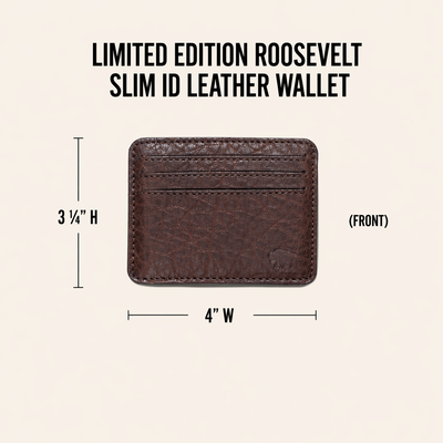 Roosevelt slim leather wallet size chart — 4 inches wide by 3.25 inches tall