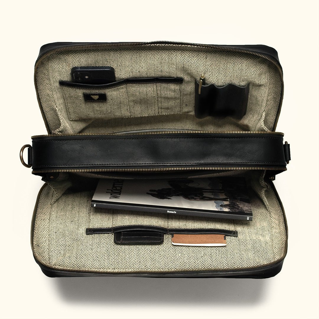 Two Compartments Zippered - Leather Bag Briefcase Black