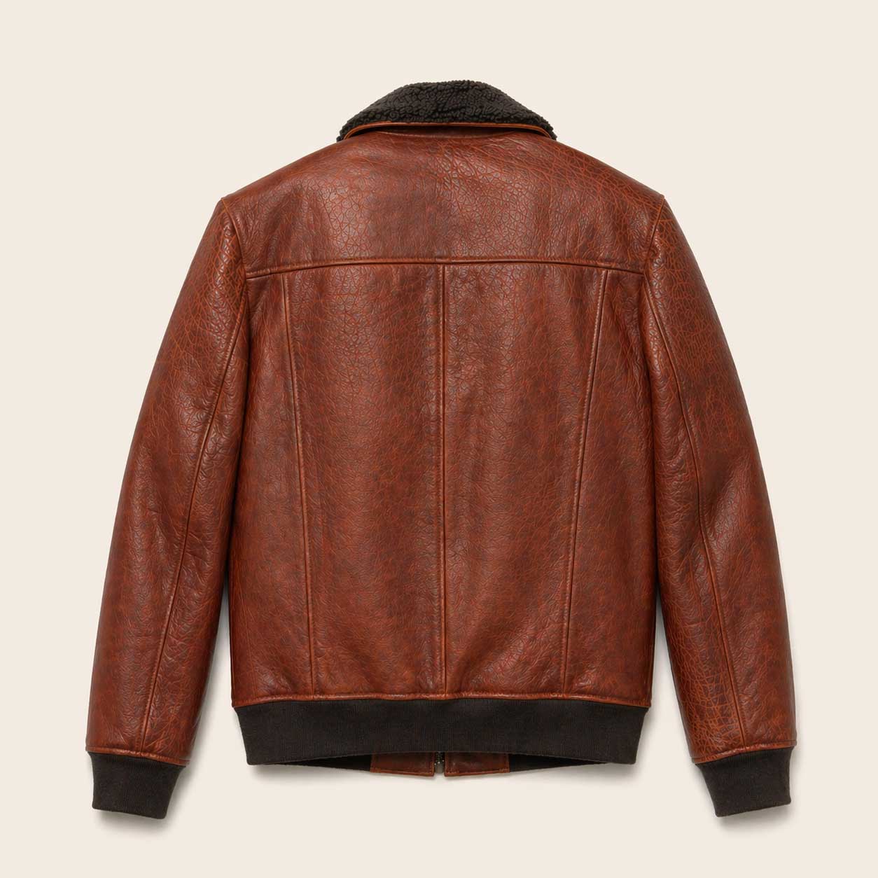 Back of Bomber Jacket - Distressed Brown and Rib Knitting Waist and Cuff