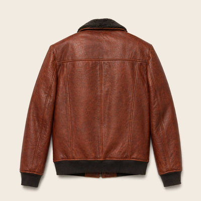 Back of Bomber Jacket - Distressed Brown and Rib Knitting Waist and Cuff