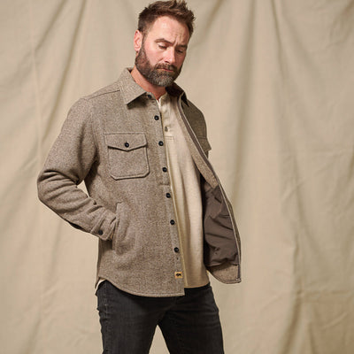 Buttoned up Riverton Wool Shirt Jac Charcoal Shadow Gray with chest flap pockets visible – rugged outerwear look