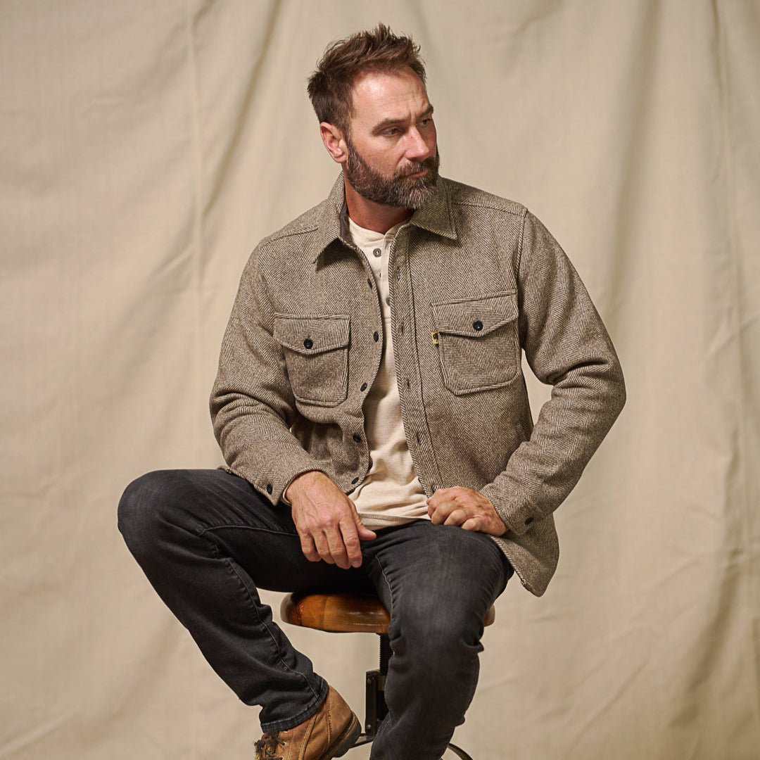 Fit view of model wearing Riverton Wool Shirt Jac Charcoal Shadow Gray – modern straight cut shirt jac with classic workwear proportions