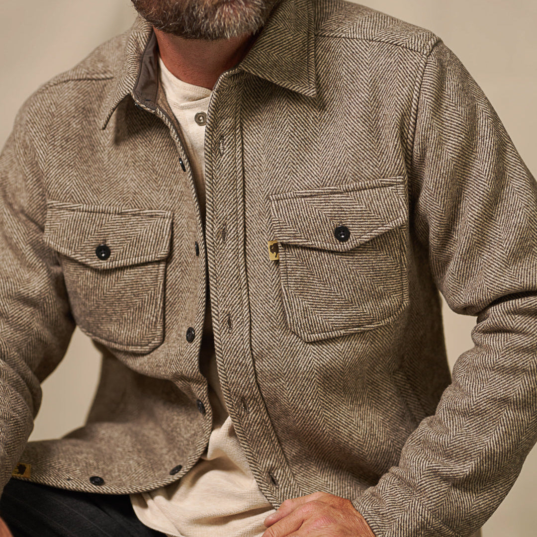 Texture close-up of brushed wool-poly fabric on Riverton Shirt Jac Charcoal Shadow Gray showing soft nap and durability