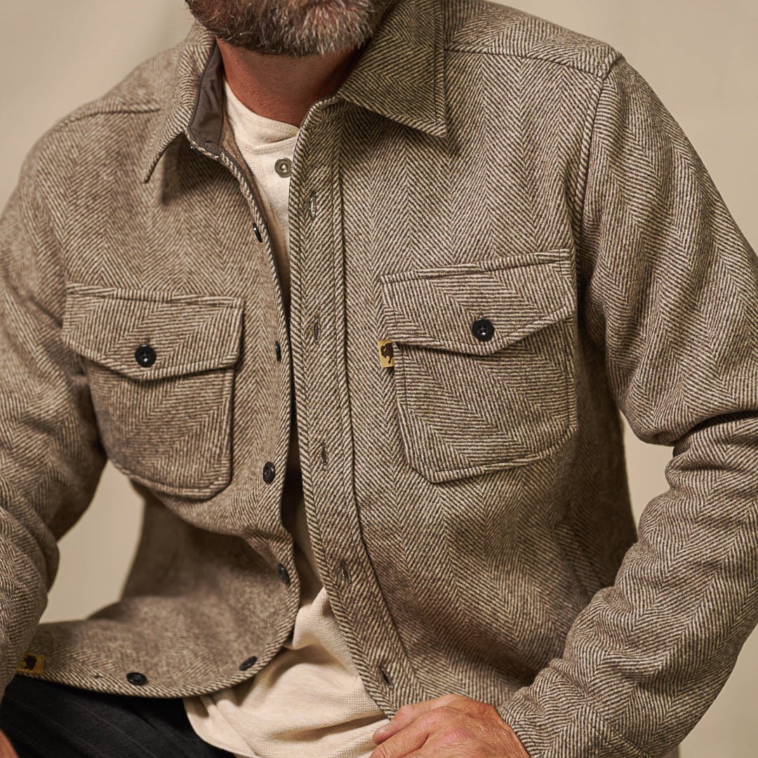 Texture close-up of brushed wool-poly fabric on Riverton Shirt Jac Charcoal Shadow Gray showing soft nap and durability