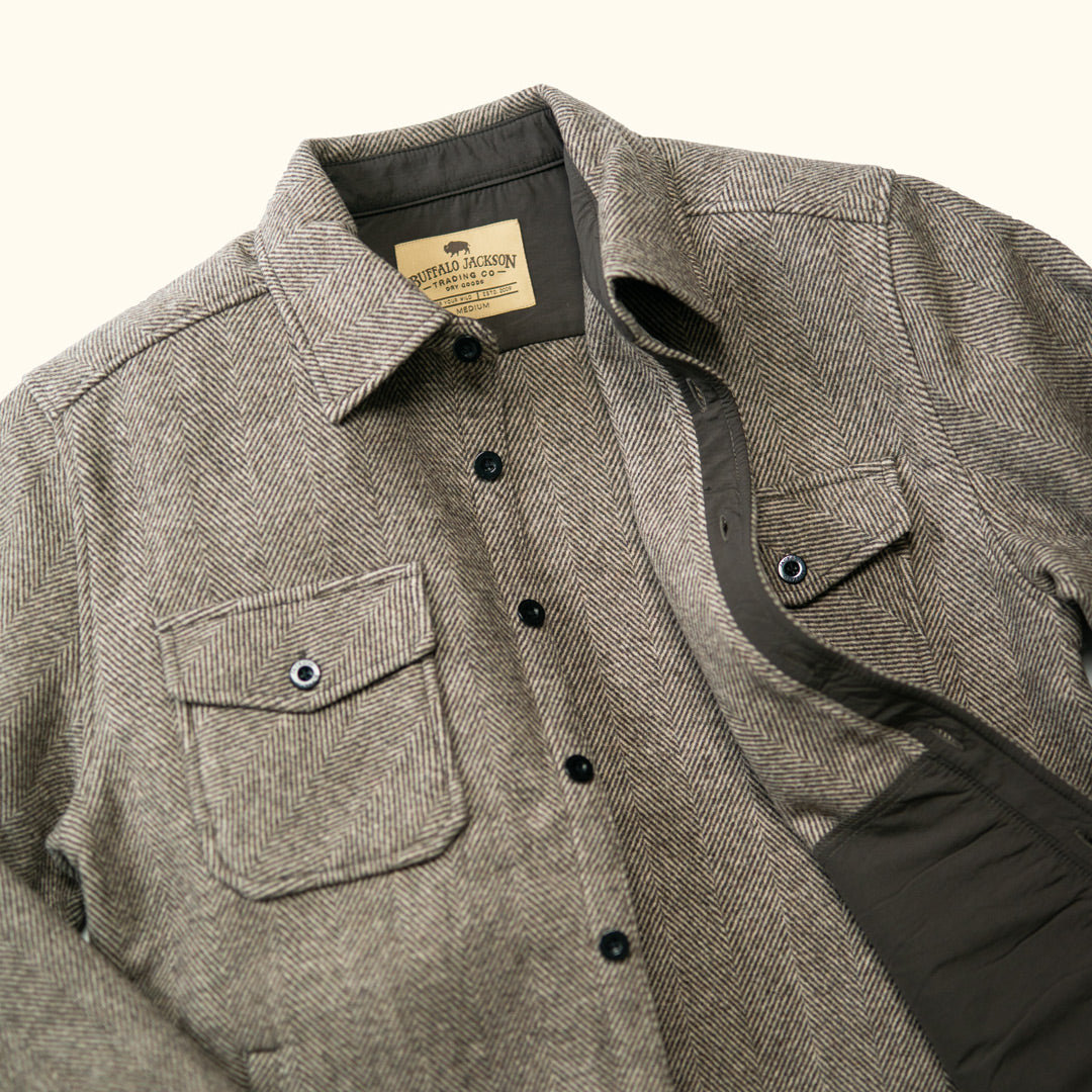 Interior hem and trim detail of Riverton Wool Shirt Jac Charcoal Shadow Gray – subtle interior nylon reinforcement