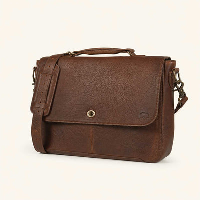 Roosevelt Leather Laptop Messenger Bag in Buffalo Grain brown — full-grain leather flap with turn-lock closure and adjustable strap
