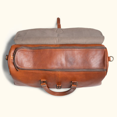 Vintage Duffle Bag with Zippers - with Front Leather Flap. Full Grain Leather