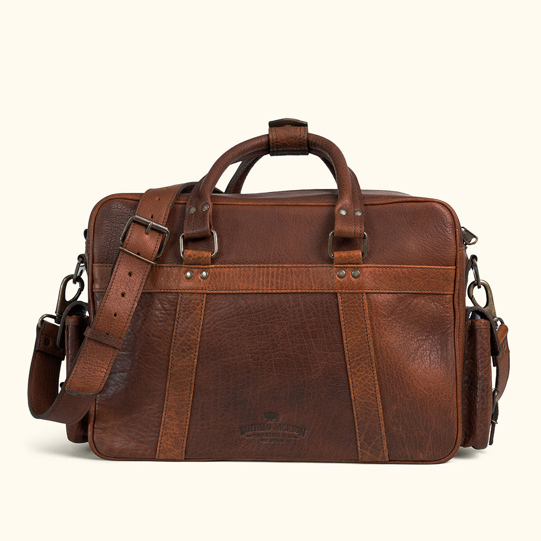 Back View - Vintage Brass Antique Rivets, with Durable and Strong Carry Handles with Pockets in Water Buffalo Grain