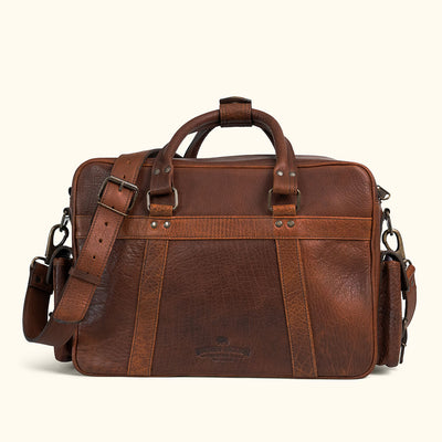 Back View - Vintage Brass Antique Rivets, with Durable and Strong Carry Handles with Pockets in Water Buffalo Grain