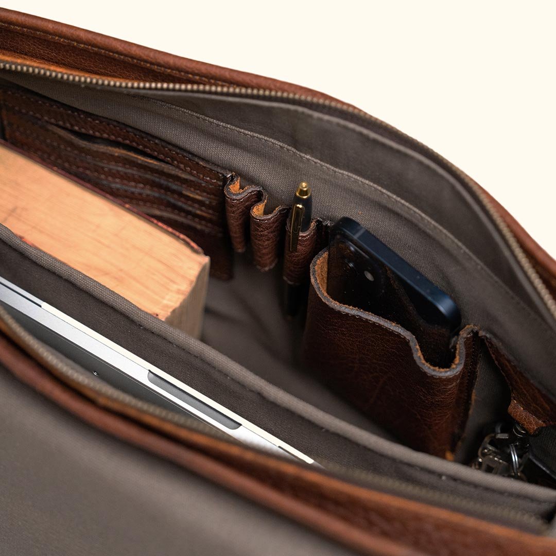Organization Leather Interior - Credit Cards iPhone, Pens, Journal, Key Ring Clasp and Separate Laptop Sleeve Case Opening