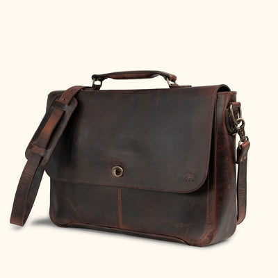 Roosevelt Leather Messenger Bag Dark Oak — full-grain water buffalo leather, crossbody strap, thick nylon stitching