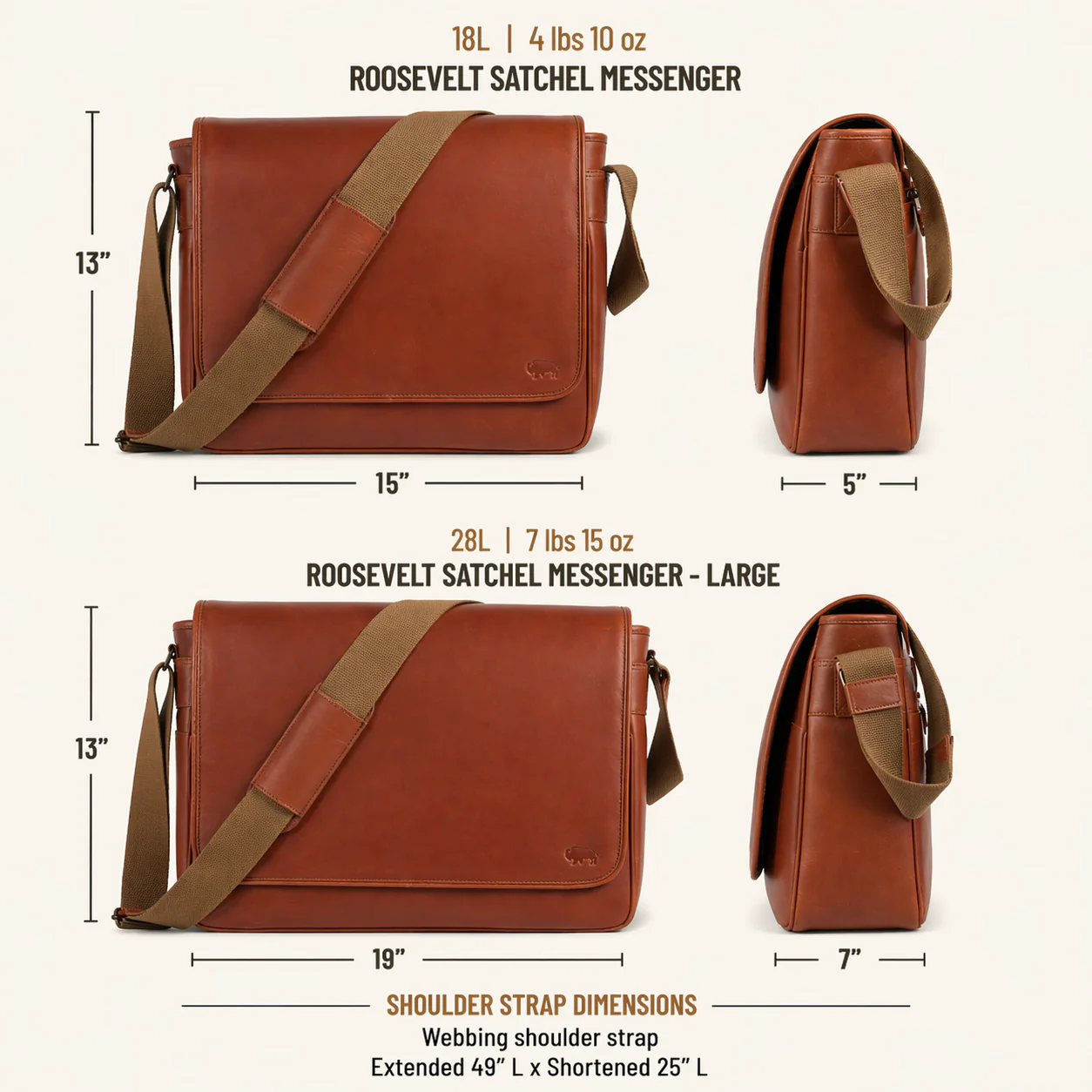 Brown leather satchel messenger bag with measurements on a white background