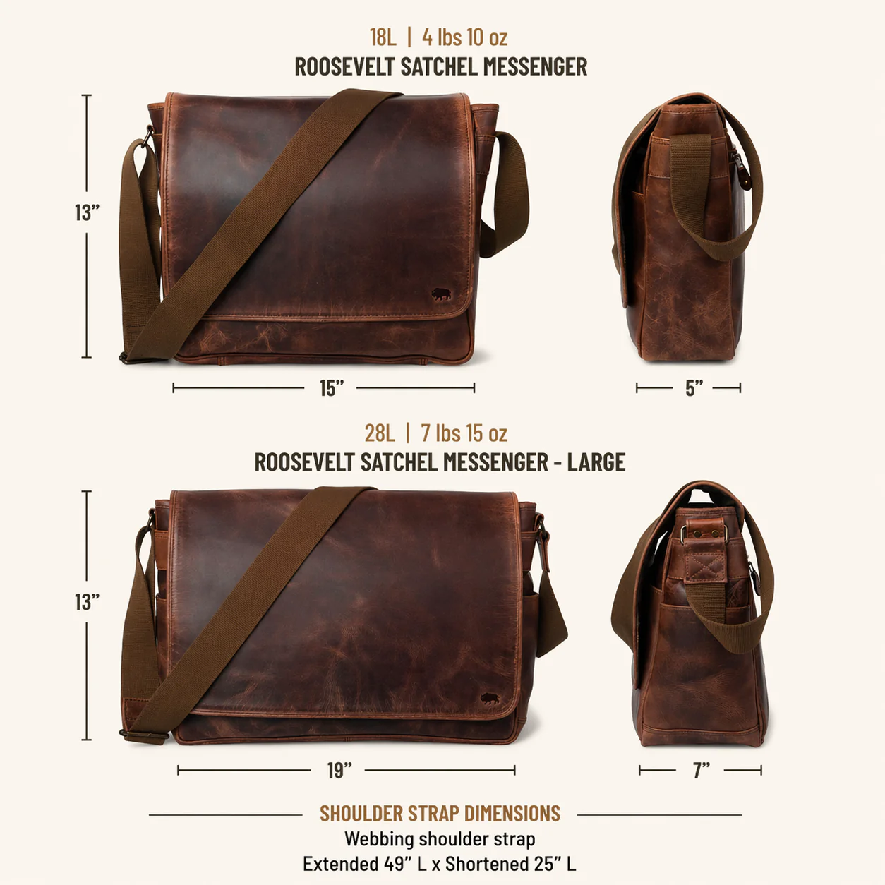 Roosevelt Buffalo Leather Satchel Messenger Bag | Dark Oak