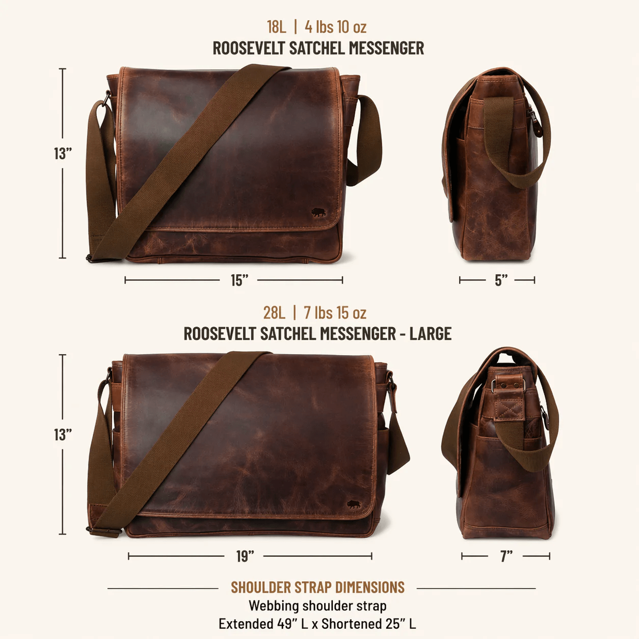 Roosevelt Buffalo Leather Satchel Messenger Bag | Dark Oak