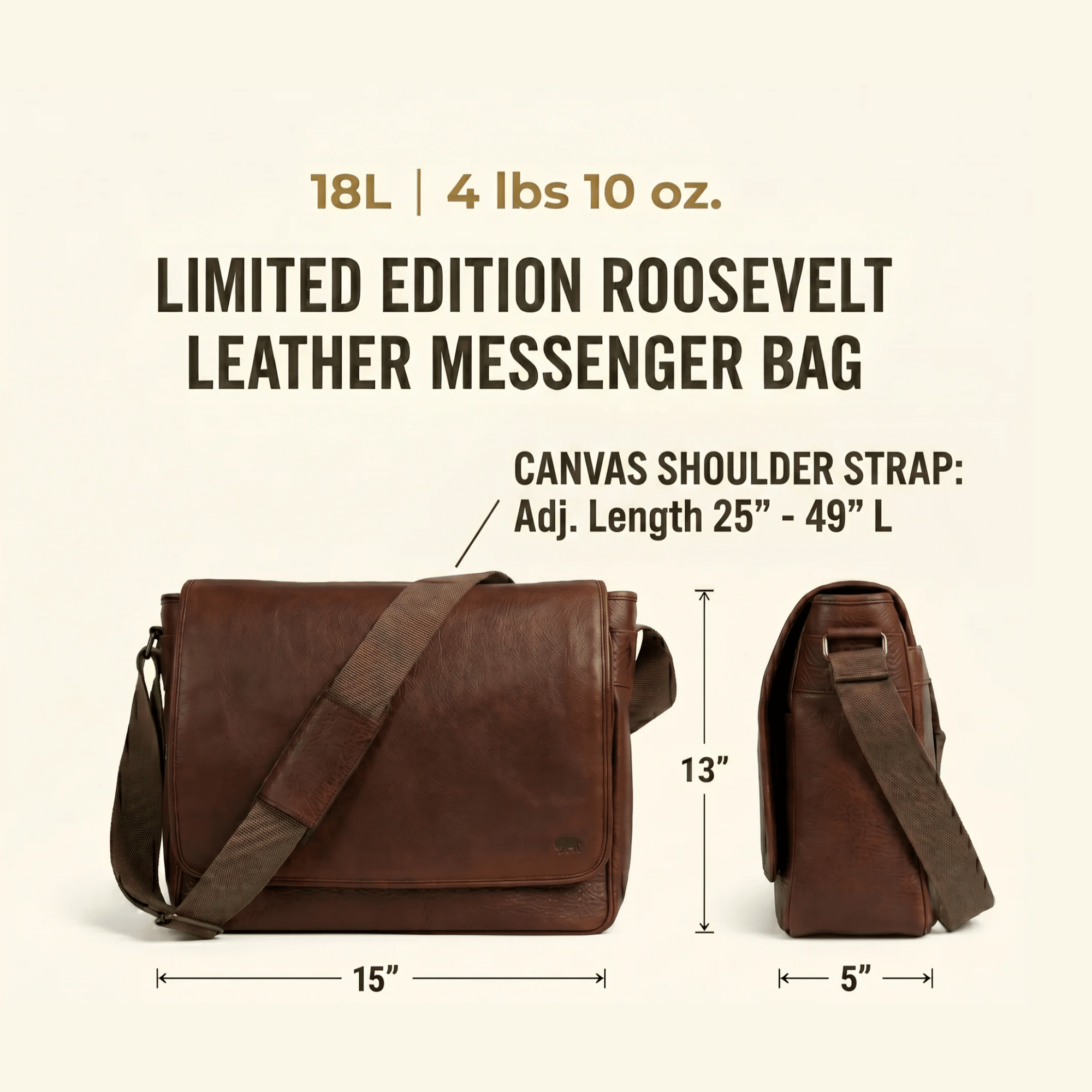 Brown leather messenger bag with dimensions and weight information on a beige background