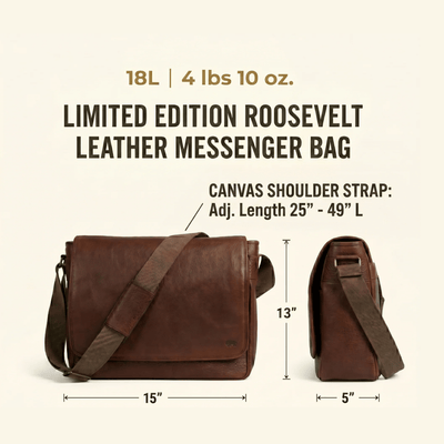 Brown leather messenger bag with dimensions and weight information on a beige background
