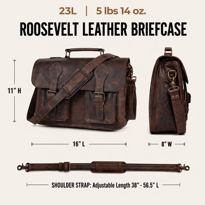 The Roosevelt Buffalo Leather Briefcase Bag is a full-grain water buffalo leather briefcase built for work, travel, and everyday carry.
Specifications
Exterior dimensions: 16 inches long, 8 inches wide, 10 inches high. Laptop sleeve dimensions: 14.75 inches long, 8 inches wide. Laptop compatibility: fits most 15-inch laptops. Shoulder strap length: 61 inches fully extended, 49 inches at shortest setting. Total weight: 5 pounds 14 ounces. Material: full-grain water buffalo leather. Linng: brown canvas.