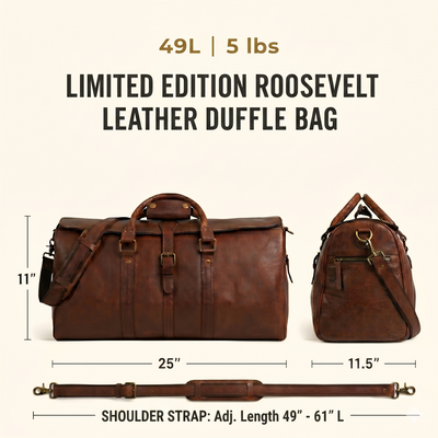 Buffalo Leather Duffle Travel Bag Vintage dimensions: 25 inches long by 11.5 inches wide by 11 inches tall. Shoulder strap 61 inches extended and 49 inches shortened. Weight 5 lbs. Leather thickness 1.8 to 2.0 mm.