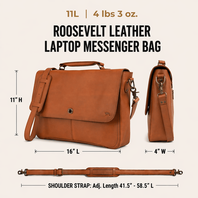 The Roosevelt Leather Laptop Messenger Bag | Amber Brown is a full-grain water buffalo leather messenger bag built for work, travel, and everyday carry.
Specifications
Exterior dimensions: 16 inches long, 4 inches wide, 11 inches high. Laptop sleeve dimensions: 14.25 inches long, 8.5 inches wide. Laptop compatibility: fits most 15-inch laptops. Shoulder strap length: 58.5 inches fully extended, 41.5 inches at shortest setting. Total weight: 4 pounds 3 ounces (4.19 lbs / 1.90 kg). Material: full-grain wate