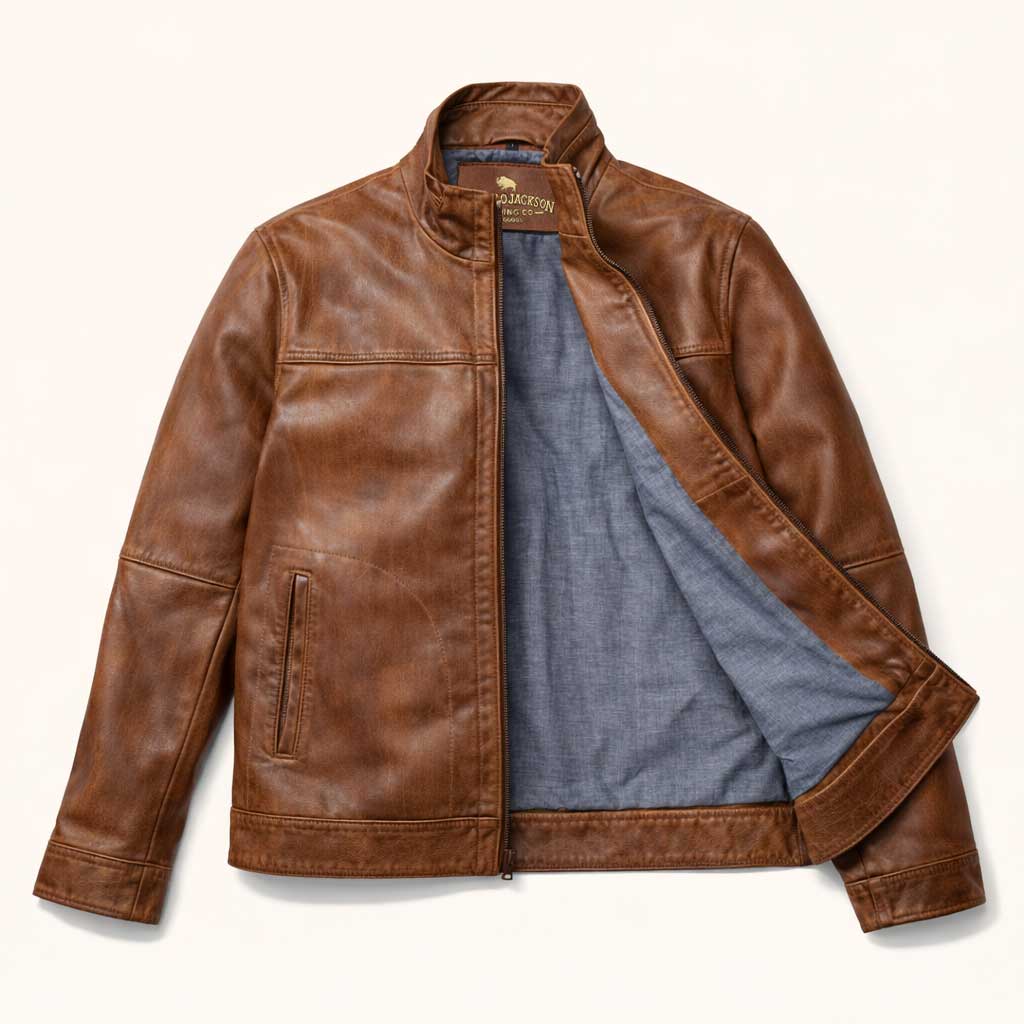Sedona Lightweight Brown Leather Jacket - Chambray Interior Lining - for Winter to Summer