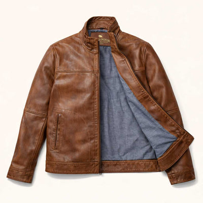 Sedona Lightweight Brown Leather Jacket - Chambray Interior Lining - for Winter to Summer