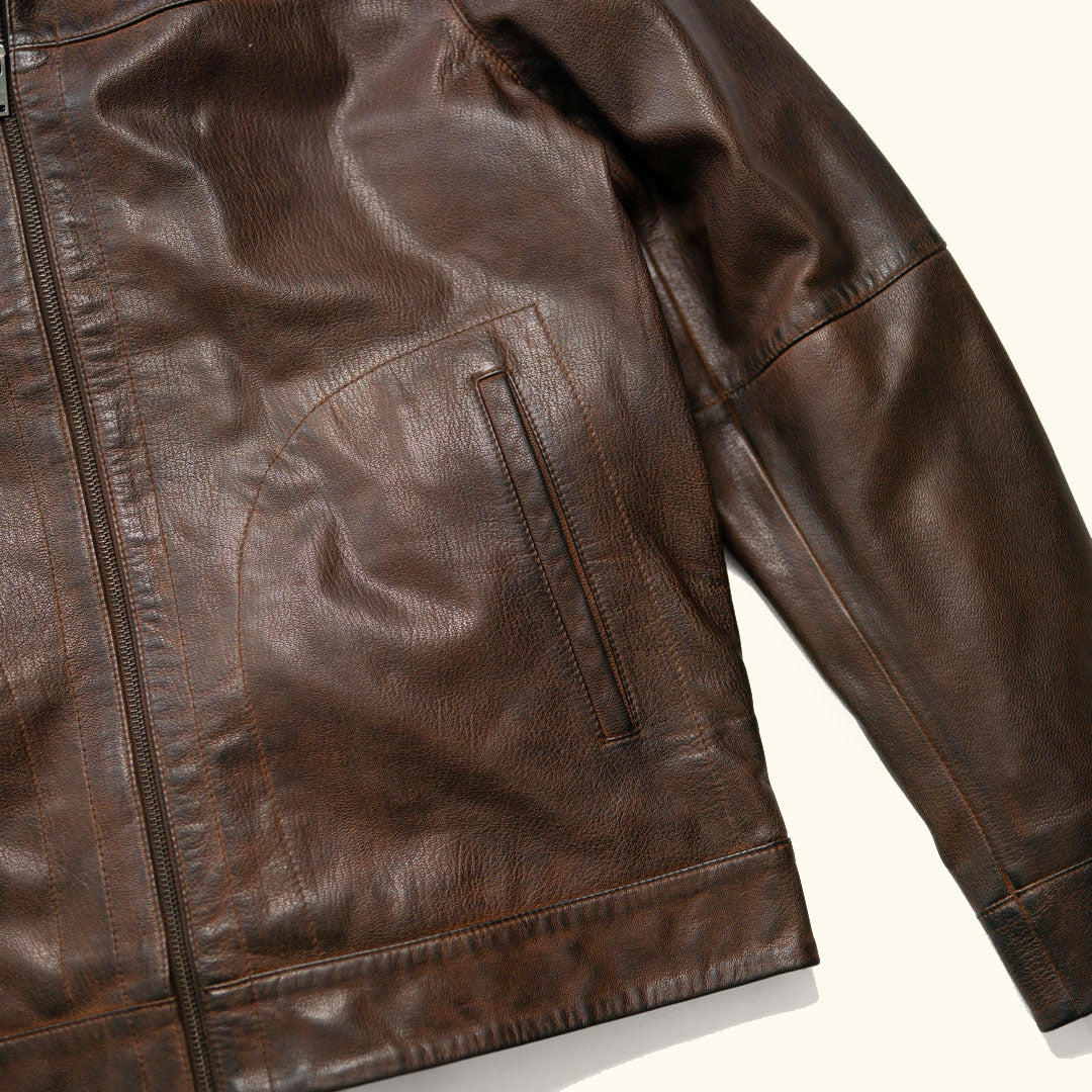 Pocket Detail - All Year - All Season Leather Brown Jacket