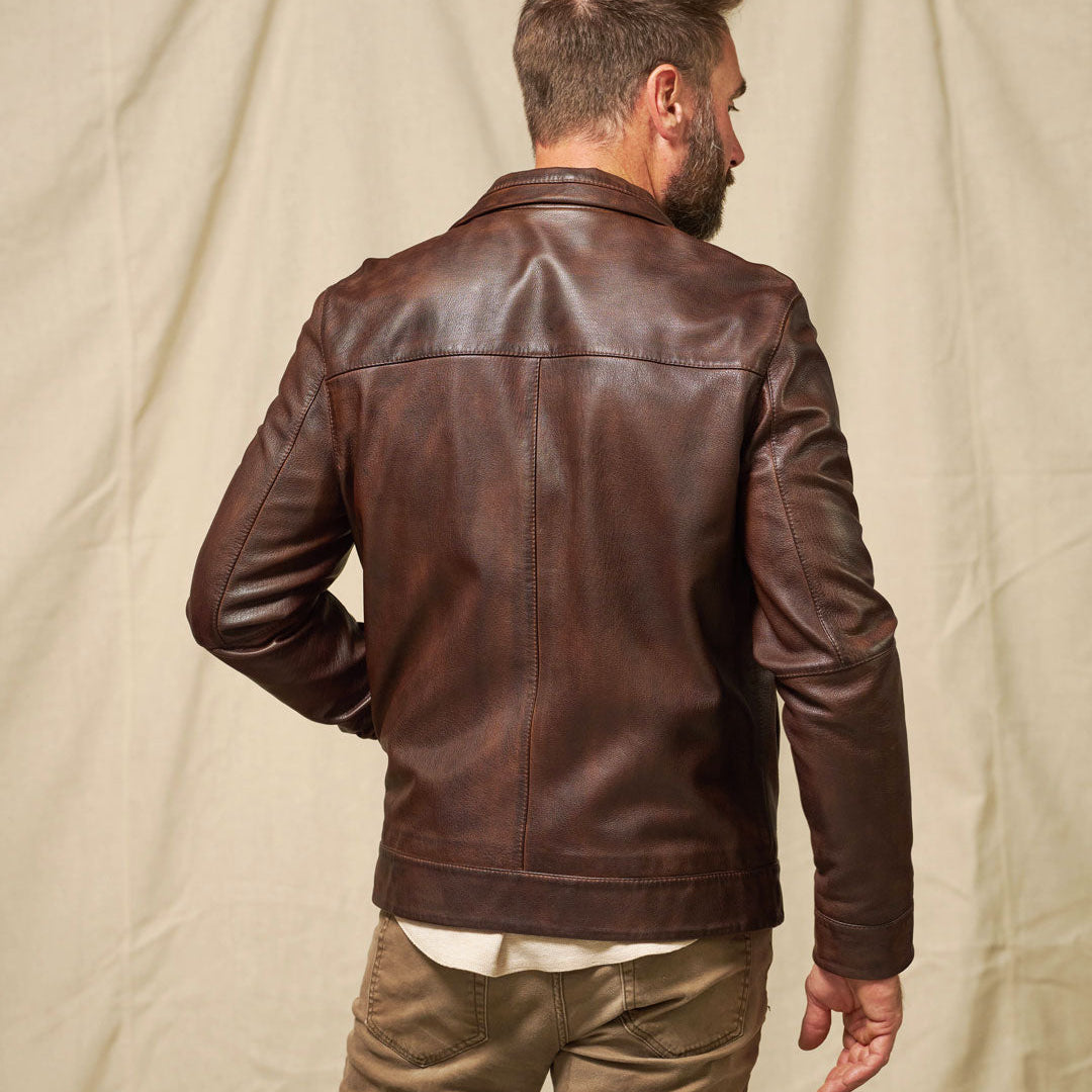 Distressed Dark Rich Brown Leather Jacket - Lightweight Leather, Chambray Lining, Perfect All Year Round