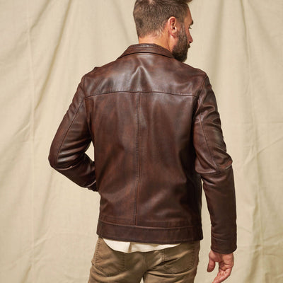 Distressed Dark Rich Brown Leather Jacket - Lightweight Leather, Chambray Lining, Perfect All Year Round