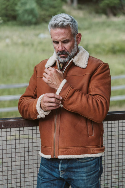Shearling Leather Bomber Jacket | Whiskey Brown - Buffalo Jackson Trading Co.