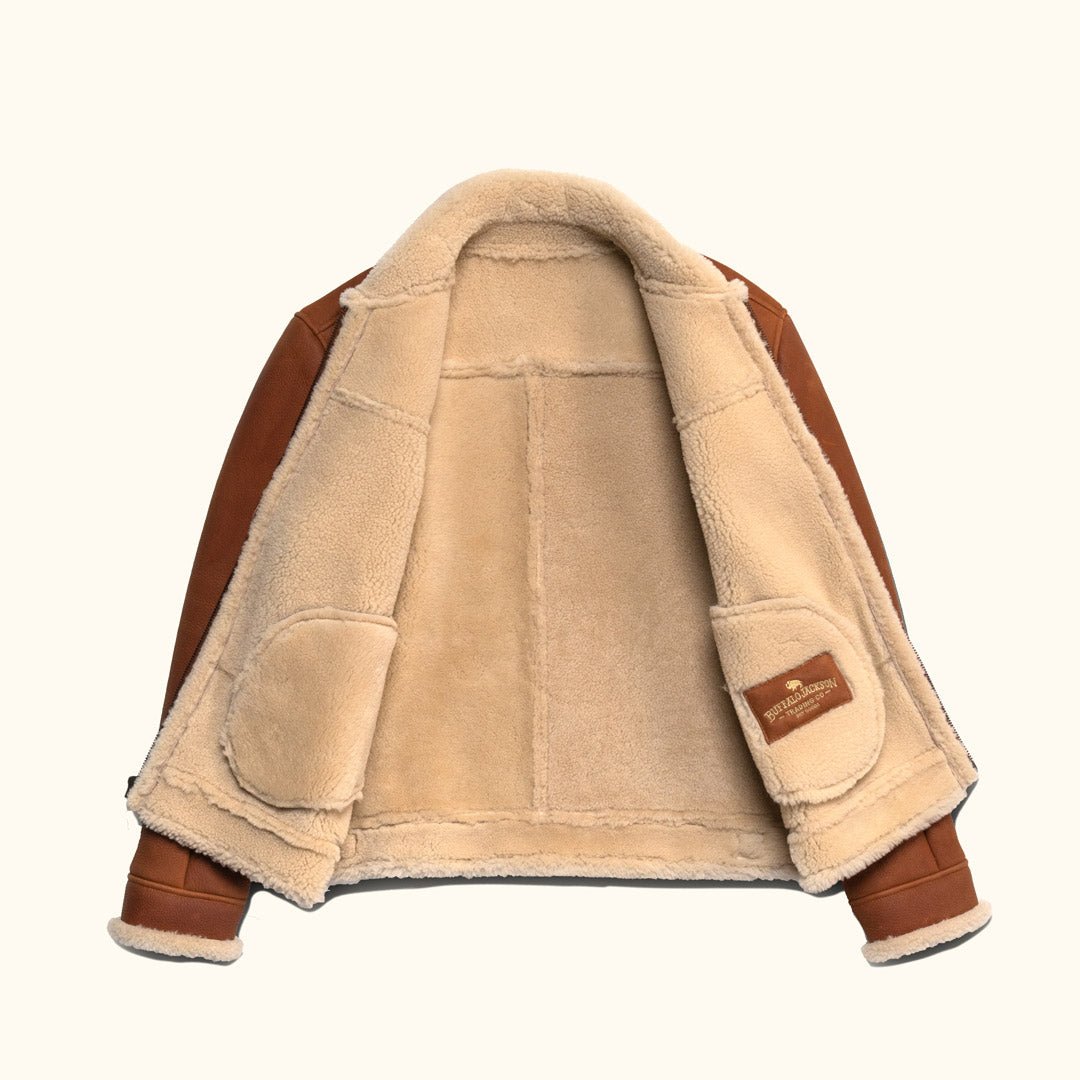 Shearling Leather Bomber Jacket | Whiskey Brown - Buffalo Jackson Trading Co.