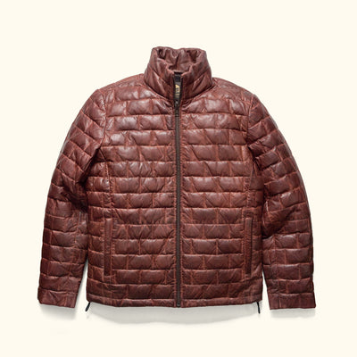 A mahogany brown leather light down jacket with a quilted pattern and a standing collar, zipper front, and side zip pockets.