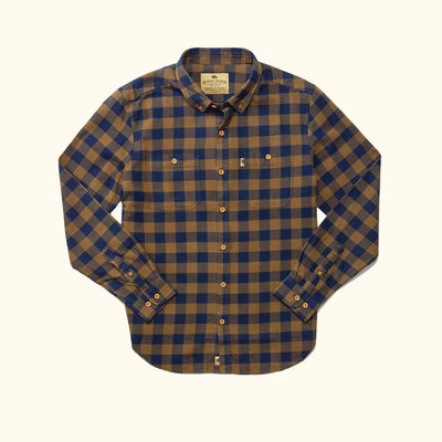 Waxhaw Buffalo Plaid Flannel Shirt Navy and Brown front view – rugged 100% cotton flannel with bold navy and brown buffalo plaid pattern