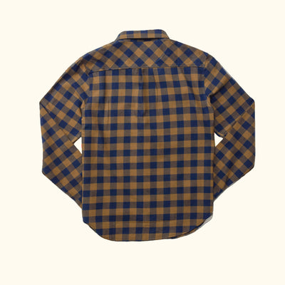 Back view of Waxhaw Buffalo Plaid Flannel Shirt Navy and Brown highlighting shoulder yoke and aligned plaid pattern