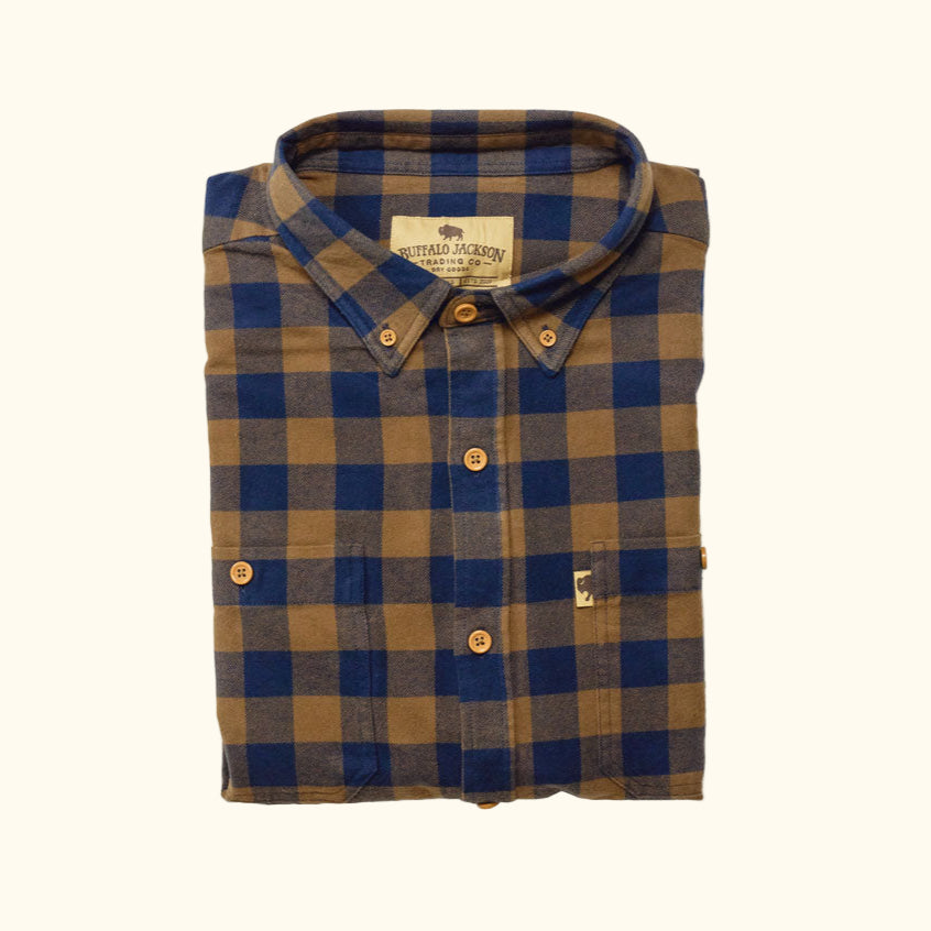 Flat lay of Waxhaw Buffalo Plaid Flannel Shirt Navy and Brown showing bold checkered pattern and prewashed cotton fabric