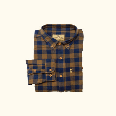 Flat lay of Waxhaw Buffalo Plaid Flannel Shirt Navy and Brown showing bold checkered pattern and prewashed cotton fabric