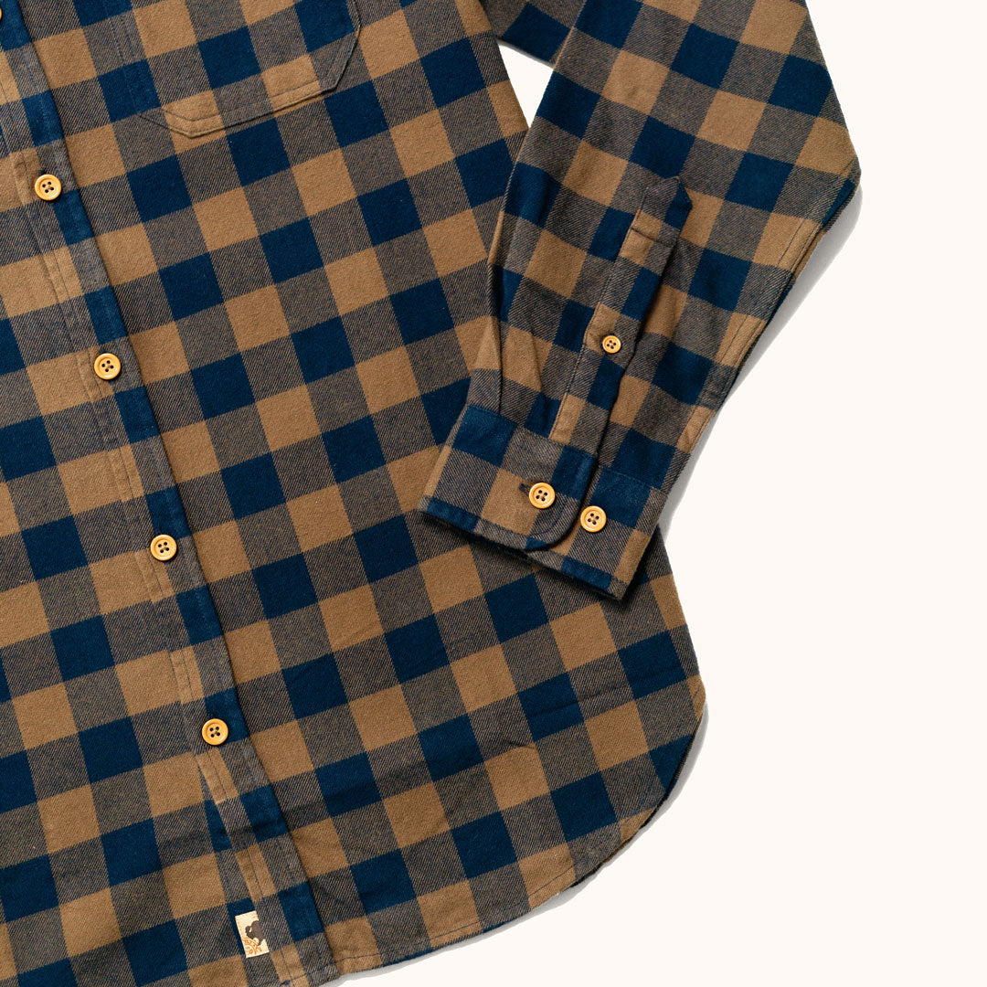 Close-up of sleeve cuff and hem on Waxhaw Buffalo Plaid Flannel Shirt Navy and Brown emphasizing durability and construction