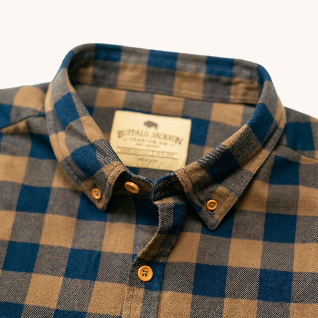 Collar and neckline detail of Waxhaw Flannel Shirt Navy and Brown Buffalo Plaid with reinforced stitching and button-down front