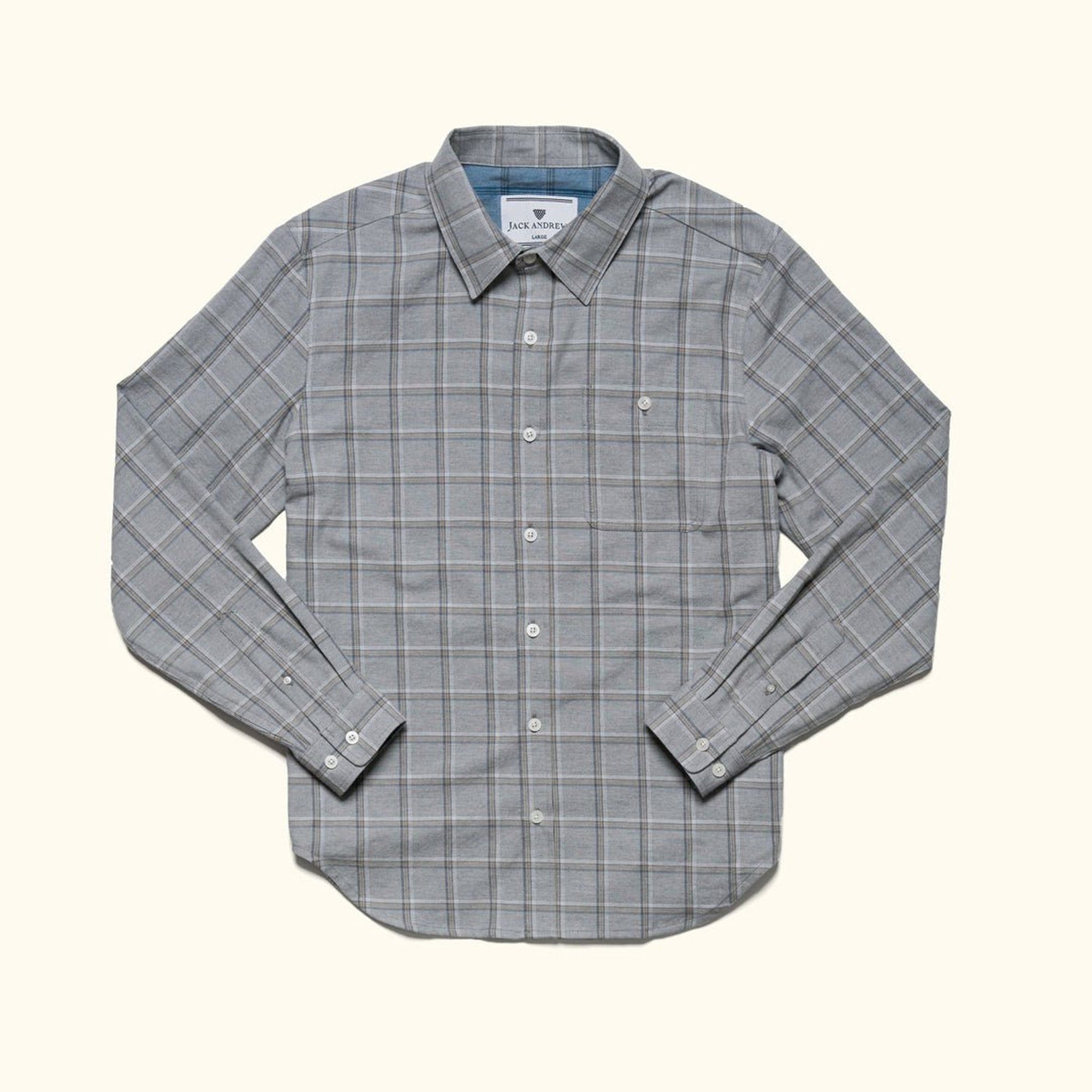 Windsor Cotton Shirt in Stone Pane, laid flat, front