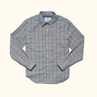 Windsor Cotton Shirt in Stone Pane, laid flat, front