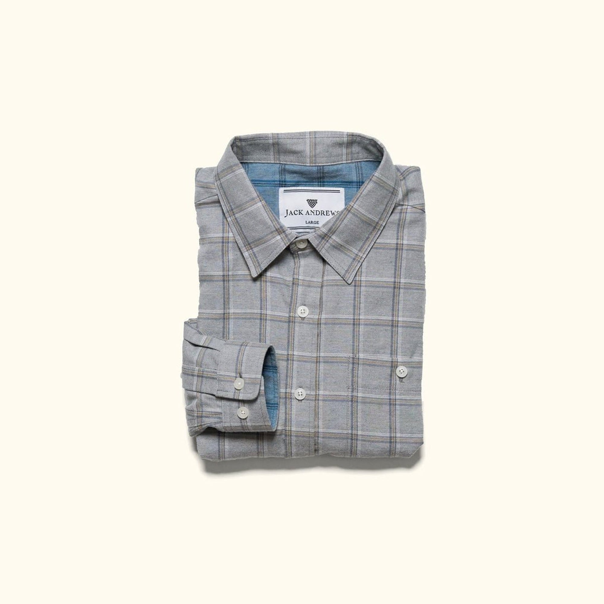 Windsor Cotton Shirt in Stone Pane, folded, with the cuff showing