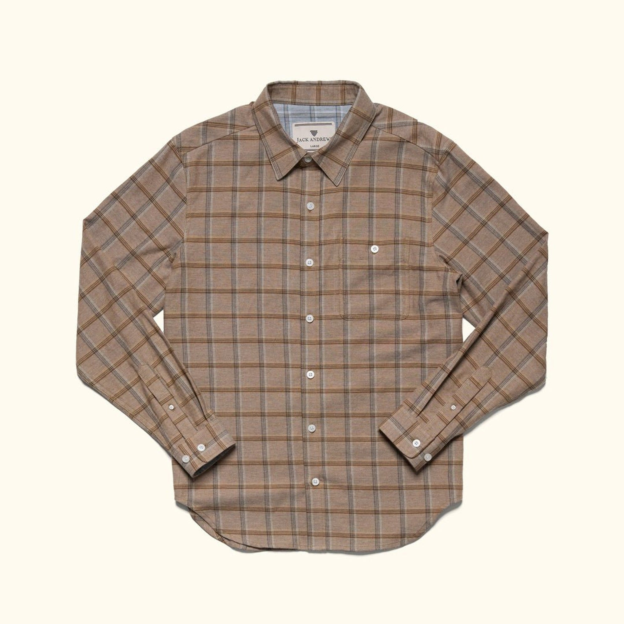 Windsor Cotton Shirt in Timber Pane, laid flat, front