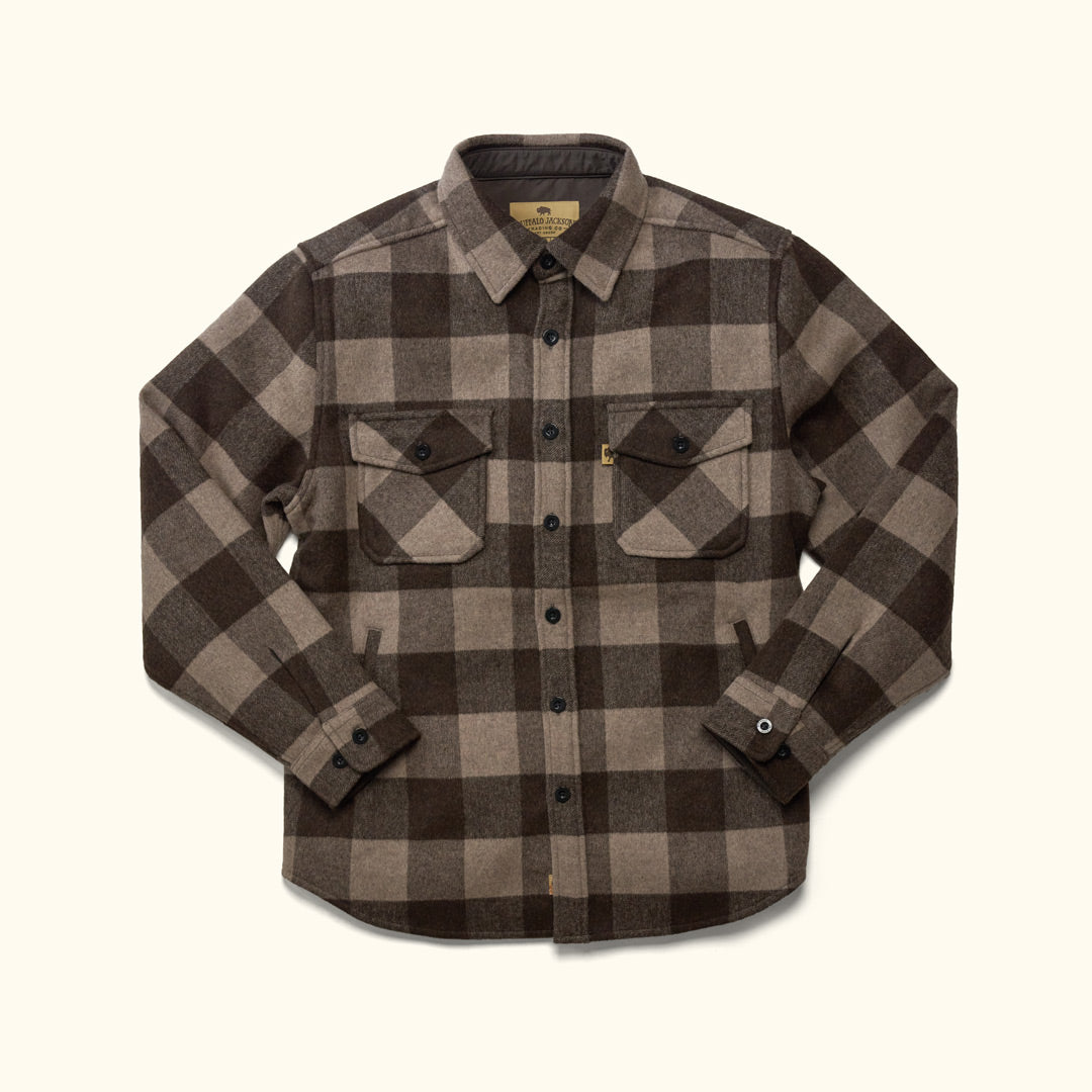 Yukon Wool Shirt Jac Buffalo Check front view – heavy wool-blend shirt jacket with bold buffalo check pattern in rich tones