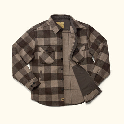 Flat lay of Yukon Wool Shirt Jac Buffalo Check showing distinctive buffalo check pattern and mid-to-heavy weight brushed wool fabric