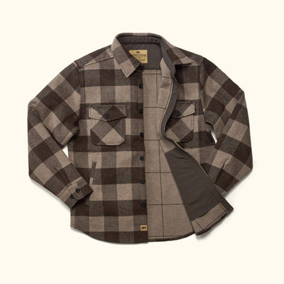 Flat lay of Yukon Wool Shirt Jac Buffalo Check showing distinctive buffalo check pattern and mid-to-heavy weight brushed wool fabric