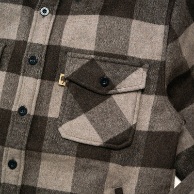 Close-up of chest pockets and horn buttons on Yukon Wool Shirt Jac Buffalo Check showing durable flap closures and rugged detailing