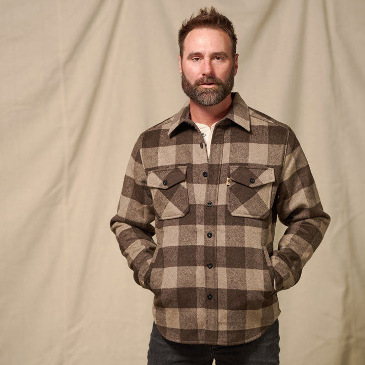 Model wearing Yukon Wool Shirt Jac Buffalo Check – true-to-size relaxed fit shirt-jacket silhouette perfect for cold weather layering